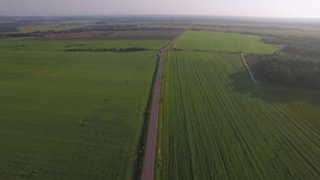 Fliegen-über-Die-Straßen-Zwischen-Grünen-Feldern-Russlands