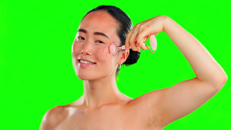 Face,-skincare-smile-and-Asian-woman-with-roller