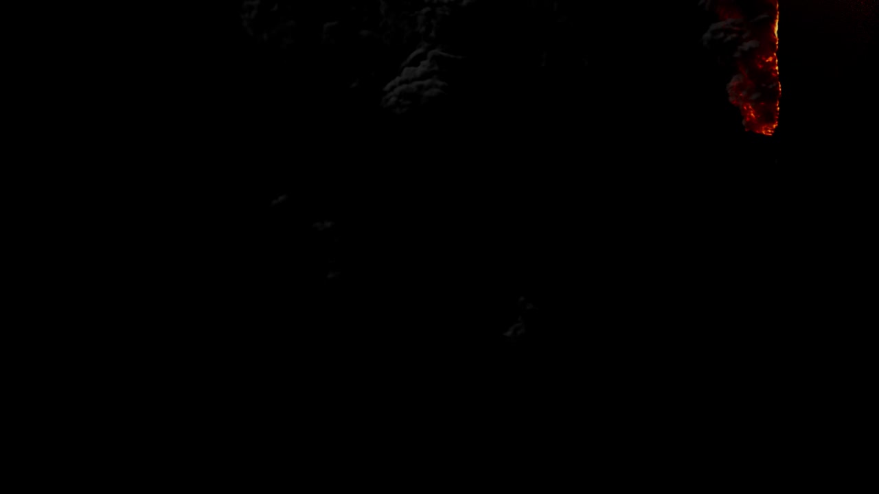 метеорит падает на землю и горит, излучая черный густой дым с некоторыми вихрями. анимация с альфа-каналом.