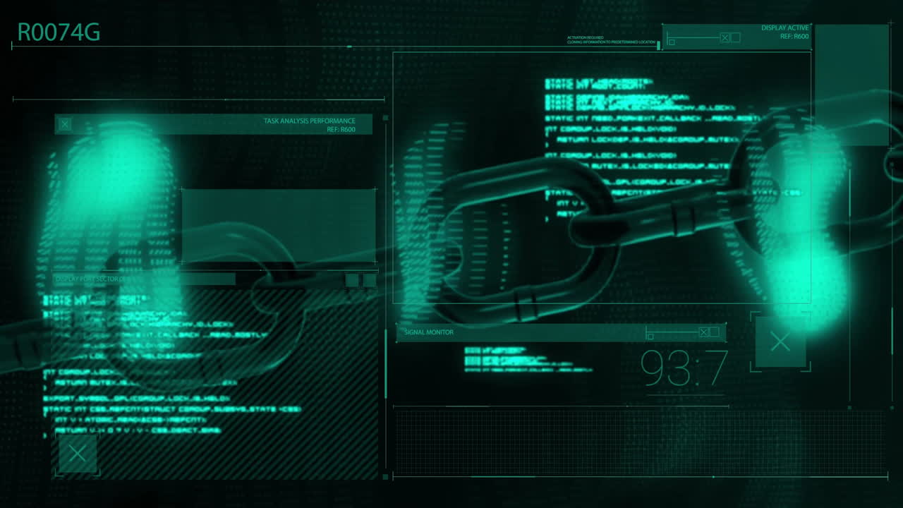 animación de análisis de seguridad digital sobre datos encriptados y gráficos de enlace de cadena