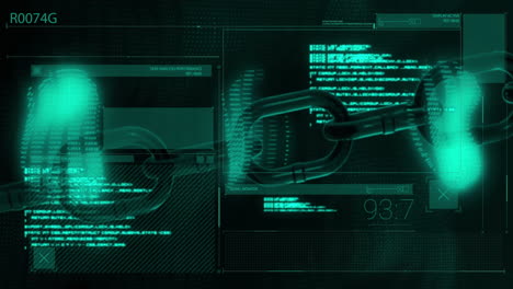digital security analysis animation over encrypted data and chain link graphics