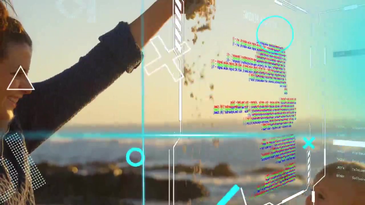 Kvinde løfter armen, hælder sand til et spædbarn på stranden, tech HUD svæver over motiverne, engagerende baby.