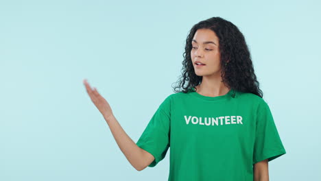 Woman,-face-and-hand-show-volunteer-advertising