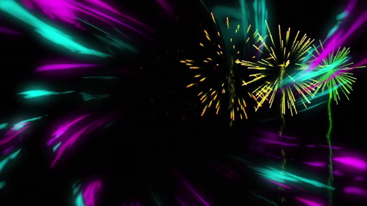 Animation of new year's eve fireworks exploding over light trails