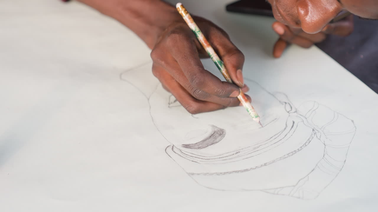 Wideangle black hands drawing portrait outline on paper, art teacher demonstrating shading technique with steady wrist motion, graphite marks building tonal form, classroom light, educational calm