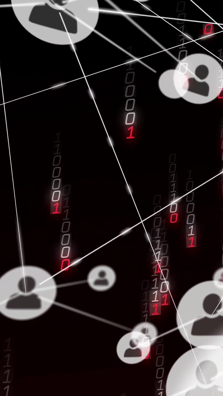 Vertical video: Rising binary streams causing avatars sliding in and linking, forming user network