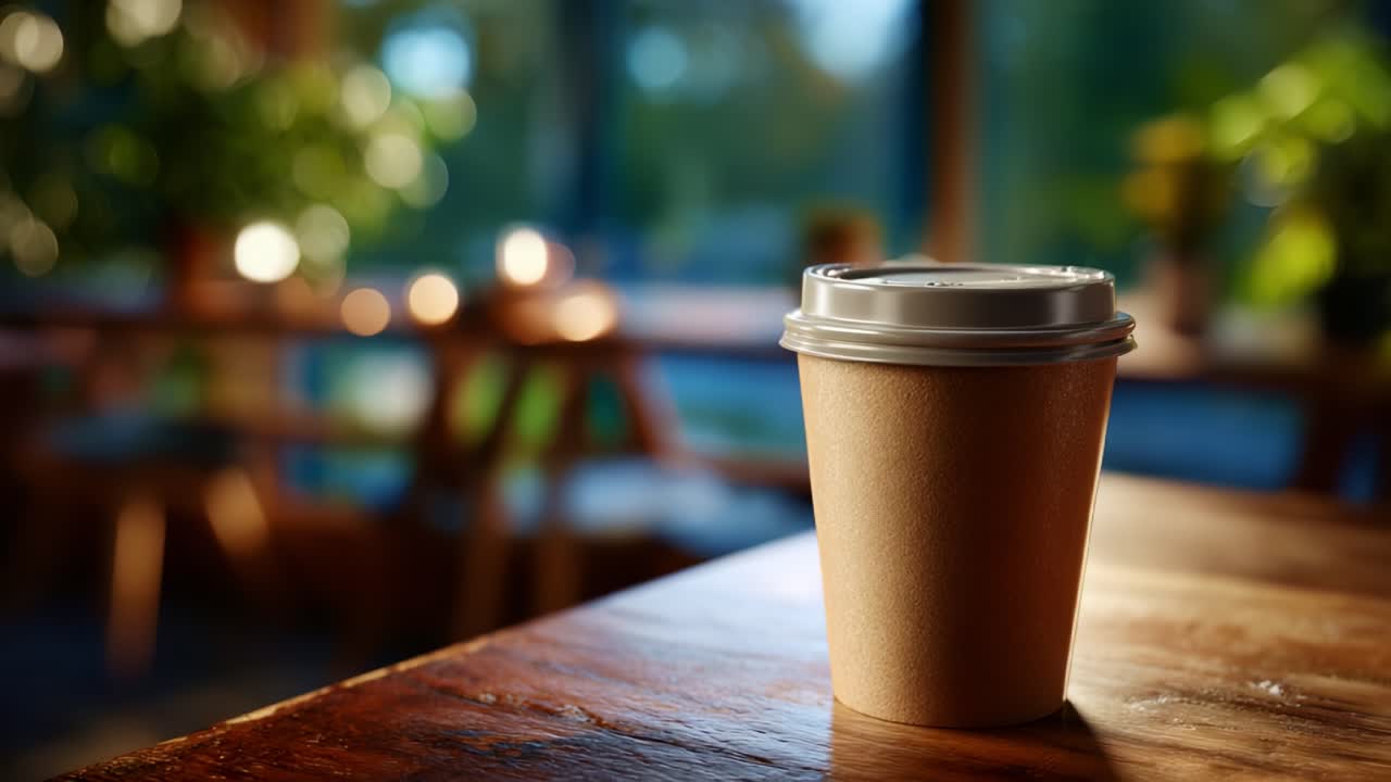 Una tazza calda di caffè è appoggiata su un tavolo di legno, invitando al comfort e al relax in un'accogliente atmosfera da bar immersa nella luce naturale e soffusa proveniente dalle finestre vicine.