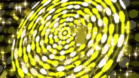 Animation-of-glowing-confetti-falling-over-yellow-and-white-glowing-discs