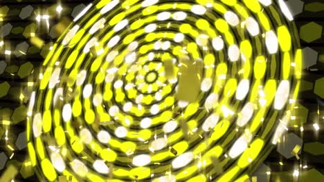 animation of glowing confetti falling over yellow and white glowing discs