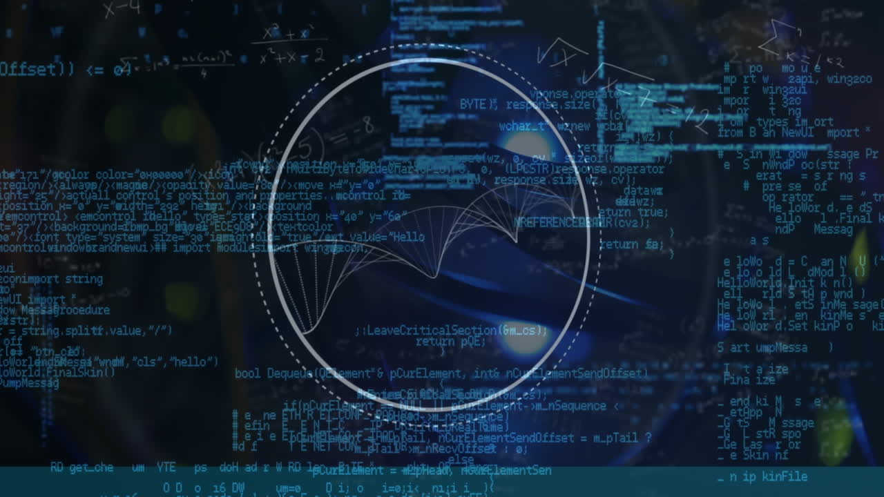 Animering av cirkulär skanner, ekvationer och partiklar som bildar en helix över databehandling