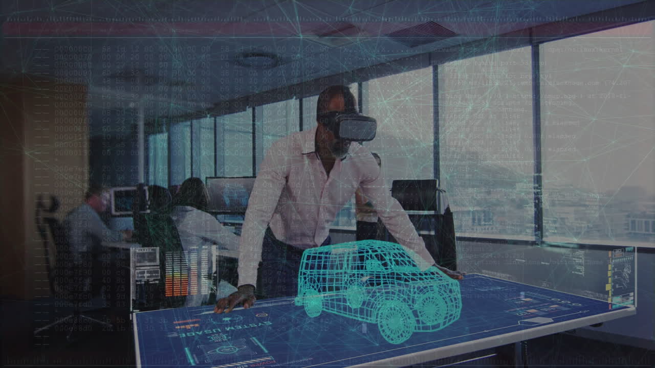 In office, man using virtual reality headset, interacting with car design animation