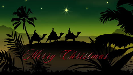 Animation-of-merry-christmas-text-over-three-wise-men-on-green-background