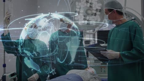 Animation-of-globe-with-network-of-connections-over-surgeons-in-operating-theatre