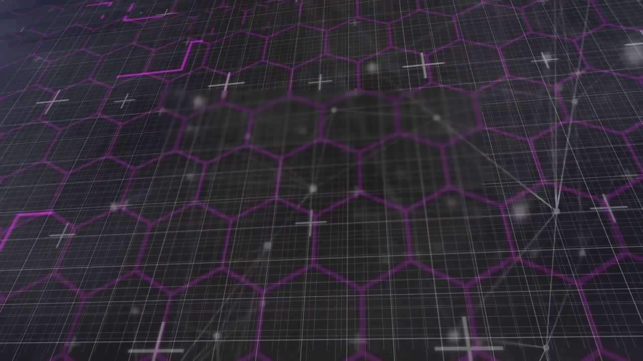 animación de la red de conexiones con hexágonos sobre la cuadrícula en el fondo