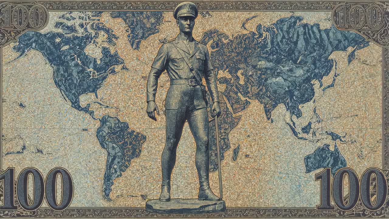 Statue of a military officer on a world map currency background