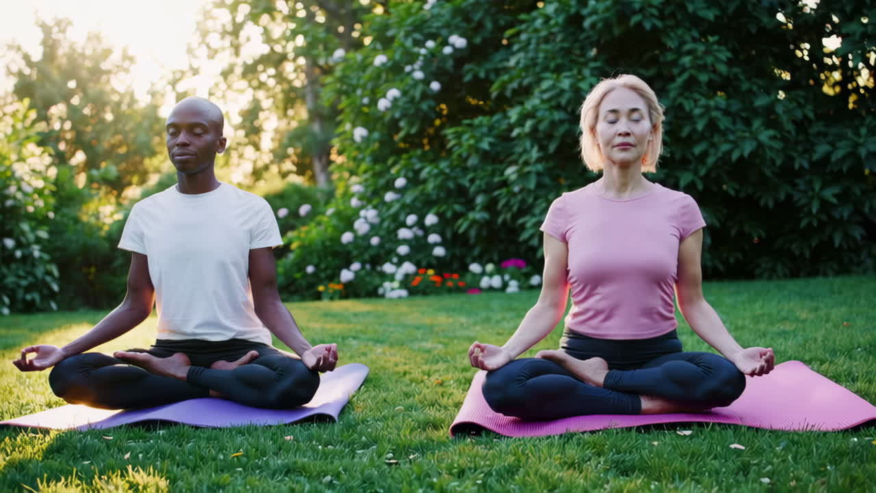 Two people meditating in a garden