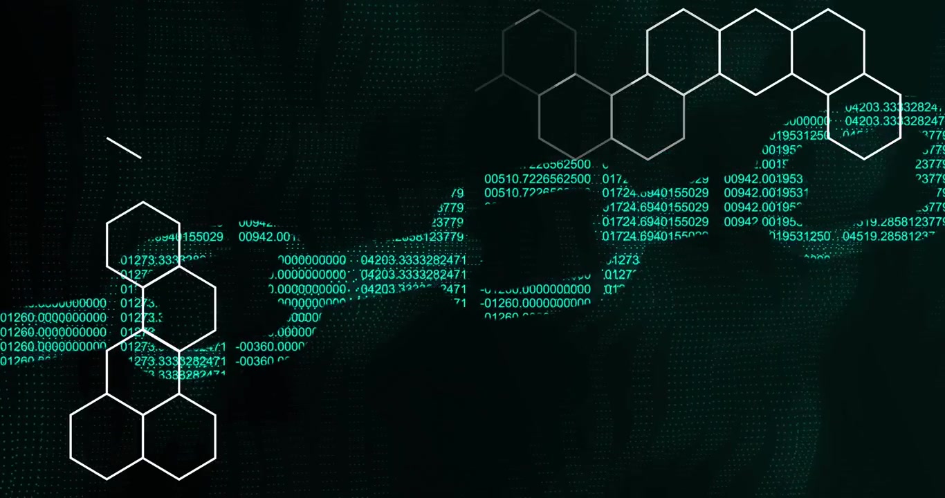 Animation of chemical formula and data processing over black background