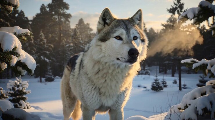 Shifting head, adult gray wolf turning gaze right, exhaling mist from cold air in snowy clearing