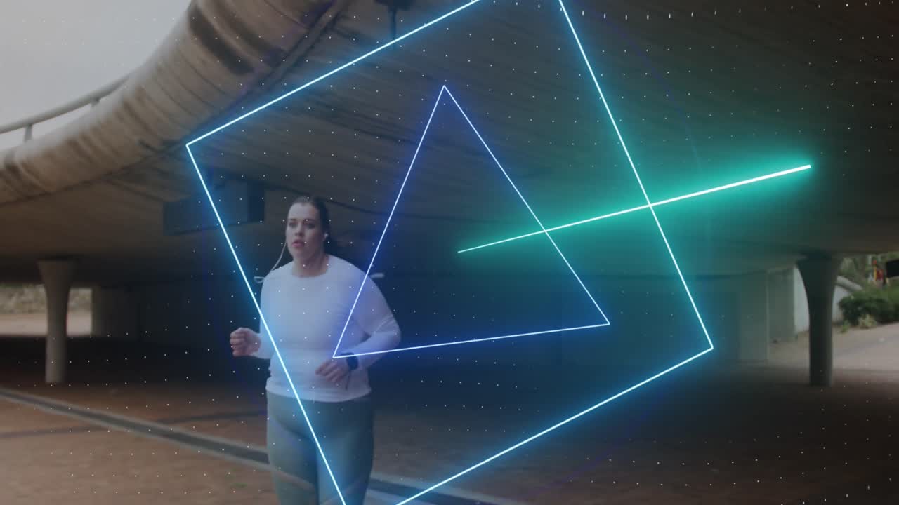 animación de formas de neón más de tamaño caucásico mujer haciendo ejercicio en la calle de la ciudad