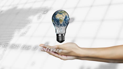 holding light bulb with earth inside, hand over world map animation