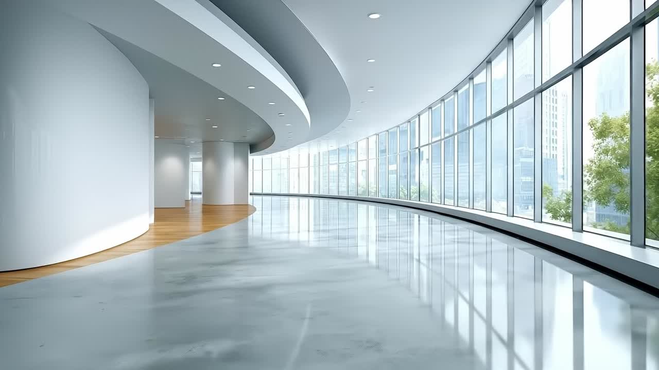 A long hallway with a curved ceiling and large windows