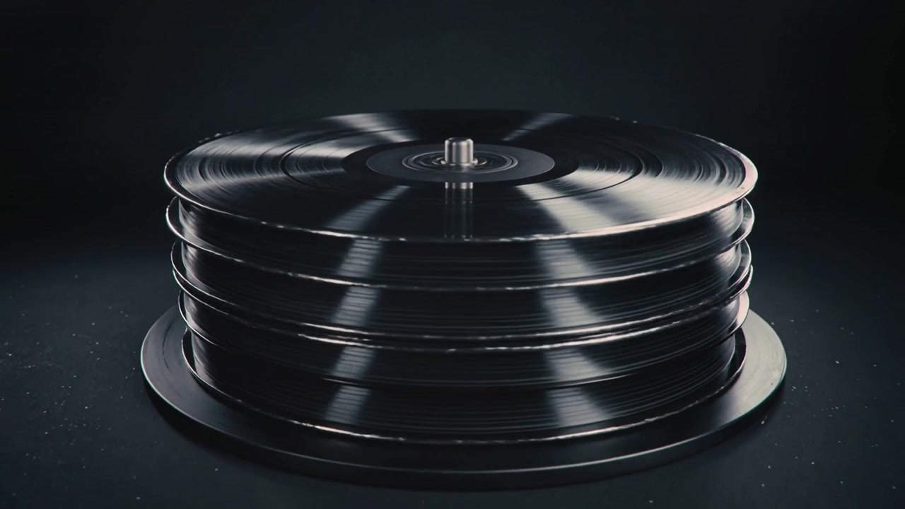 Roterende stak sorte vinylplader på spindel, mens kameraet trækker sig tilbage i studiet og afslører riller, støv
