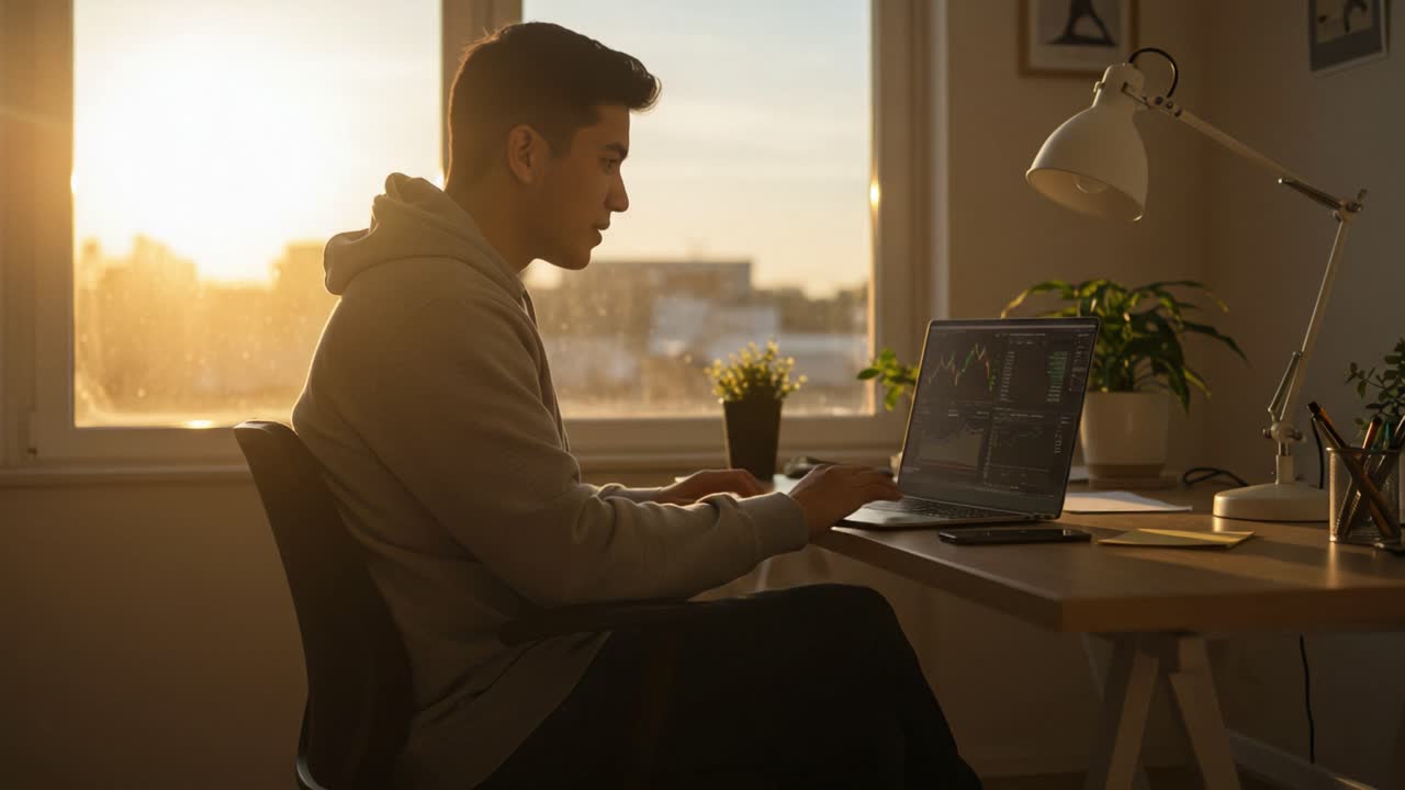 A Young Man Focused on His Laptop in a Brightly Lit Workspace During Sunset, Capturing the Essence of Productivity and Creativity in a Cozy Atmosphere
