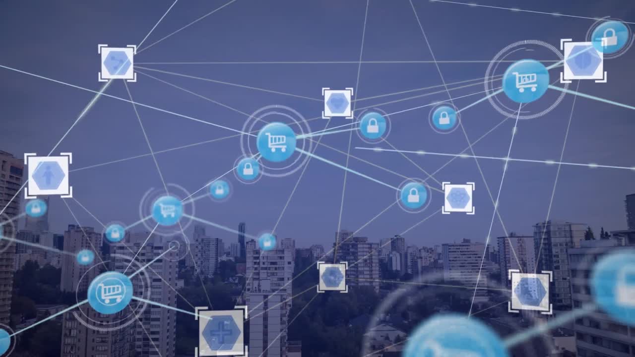 animación de iconos conectados con líneas sobre el paisaje urbano moderno contra el cielo