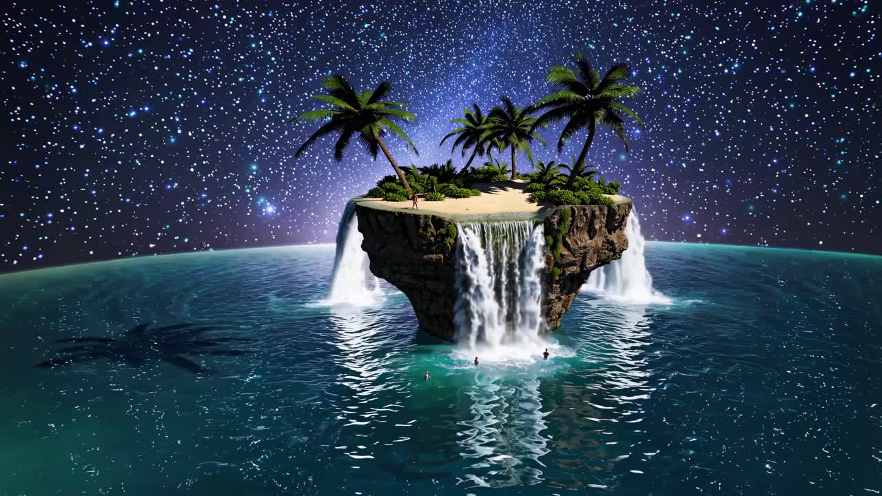 Zwevend eilandparadijs bij nacht