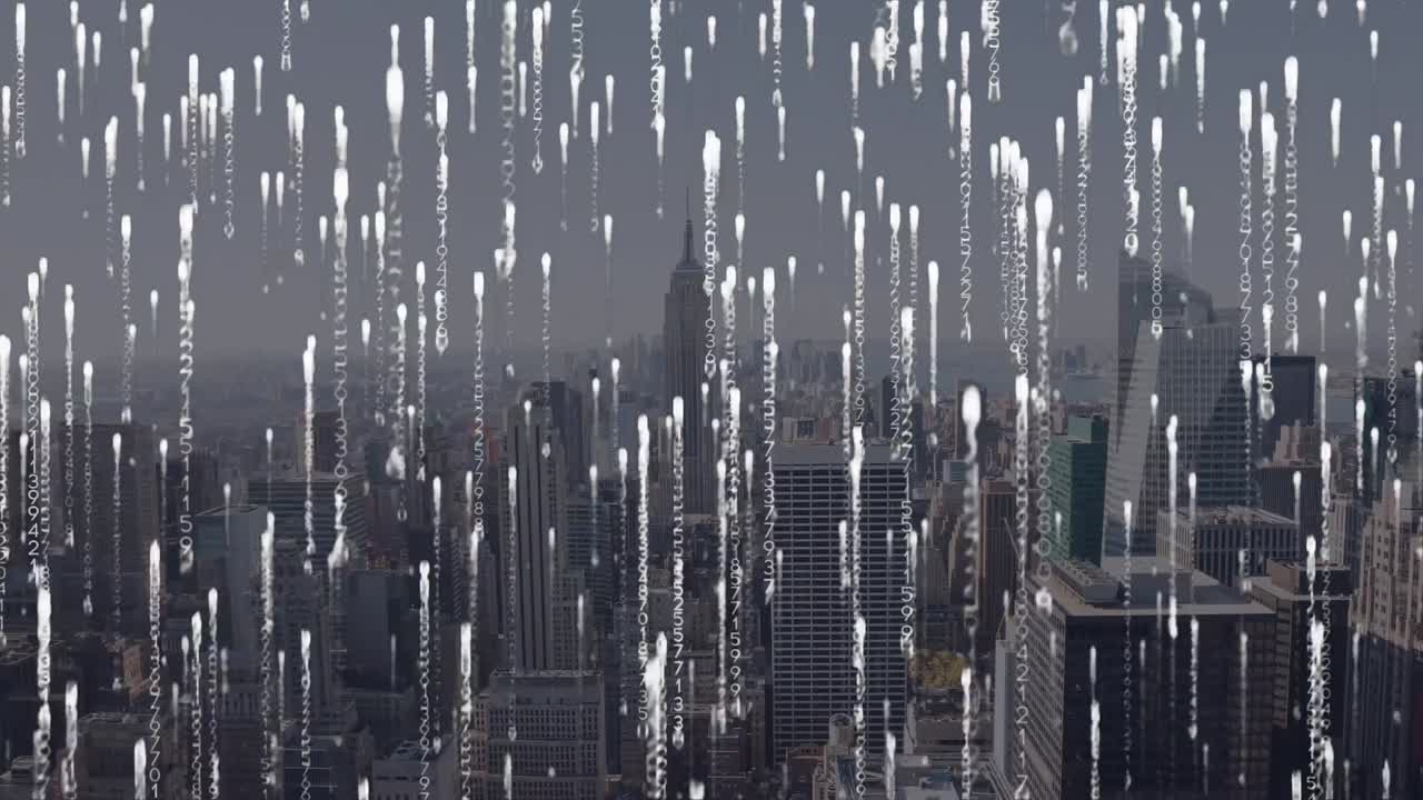 도시 풍경 위의 데이터 처리 애니메이션