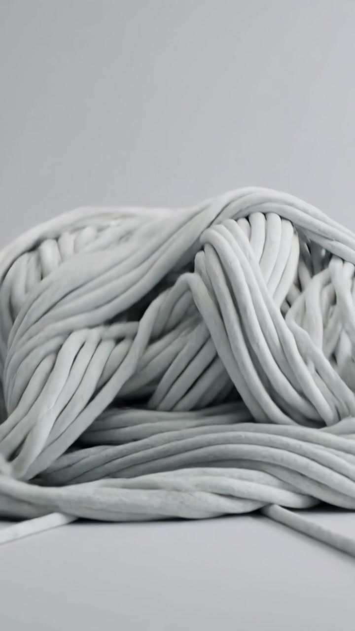 Vertical video: Outer strands loosening, cord ball collapsing on grey tabletop, revealing blue rod