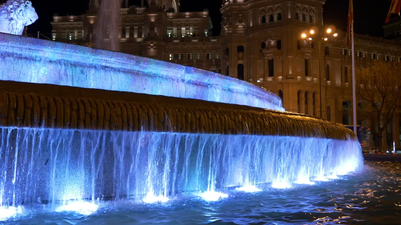 españa luz azul de la noche madrid plaza de la cibeles fuente 4k