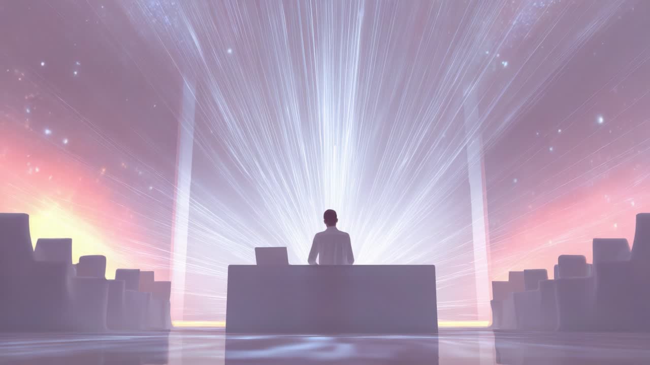 Solitary DJ seen from behind, performing on a futuristic stage illuminated by abstract cosmic lights and a starry sky, creating an immersive and vibrant visual experience for a music event