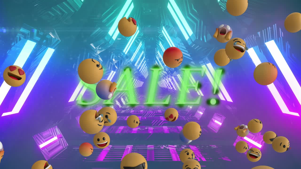 빛나는 터널에 대한 판매 텍스트 위에 떠있는 여러 얼굴 이모티콘의 디지털 애니메이션