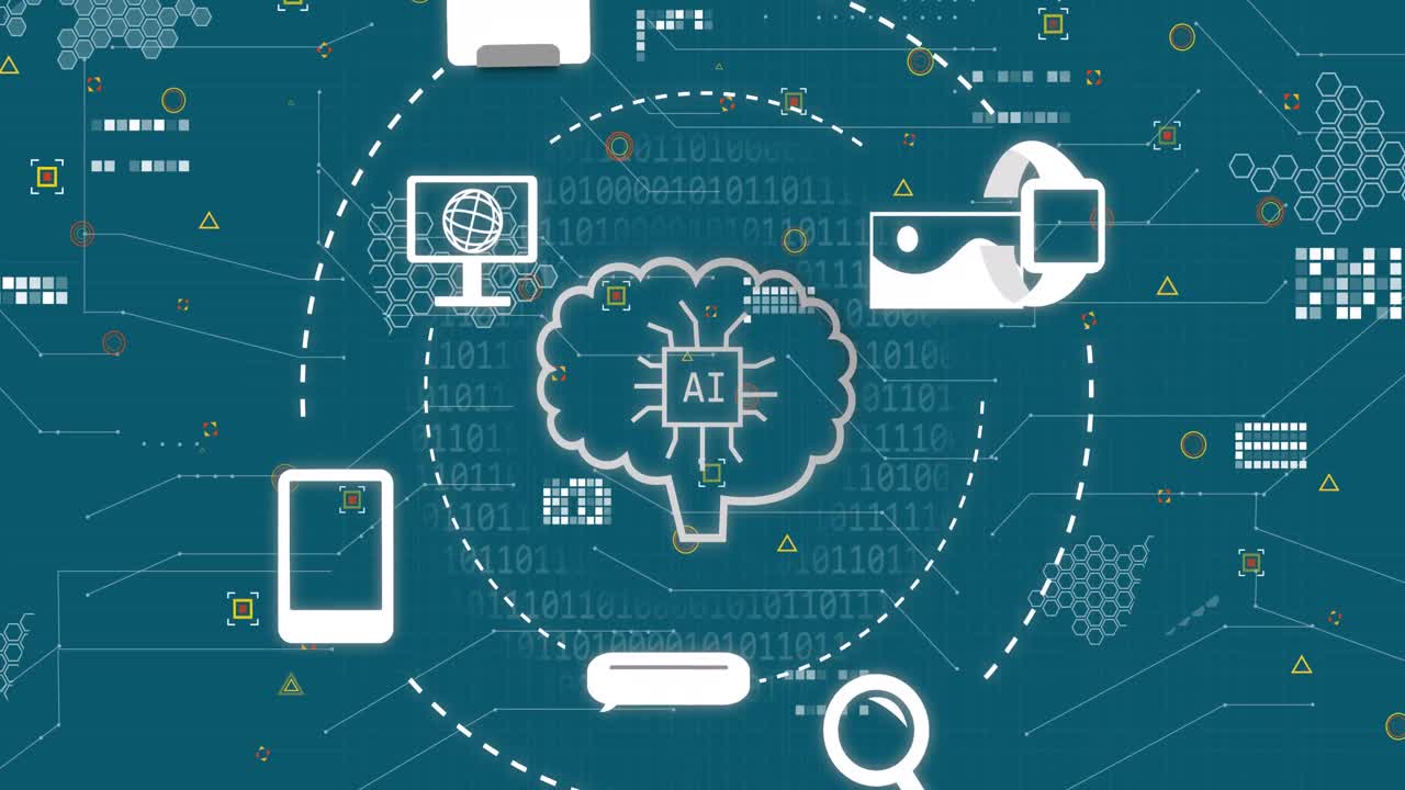 파란색 배경 위에서 ai 아이콘과 데이터 처리의 애니메이션