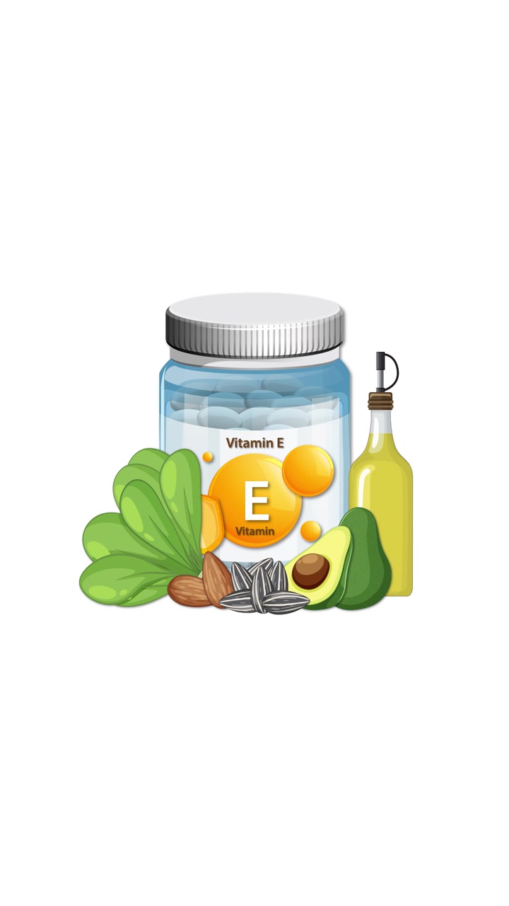 Illustrazione Animata di Pillole di Vitamina E e Fonti Alimentari Naturali