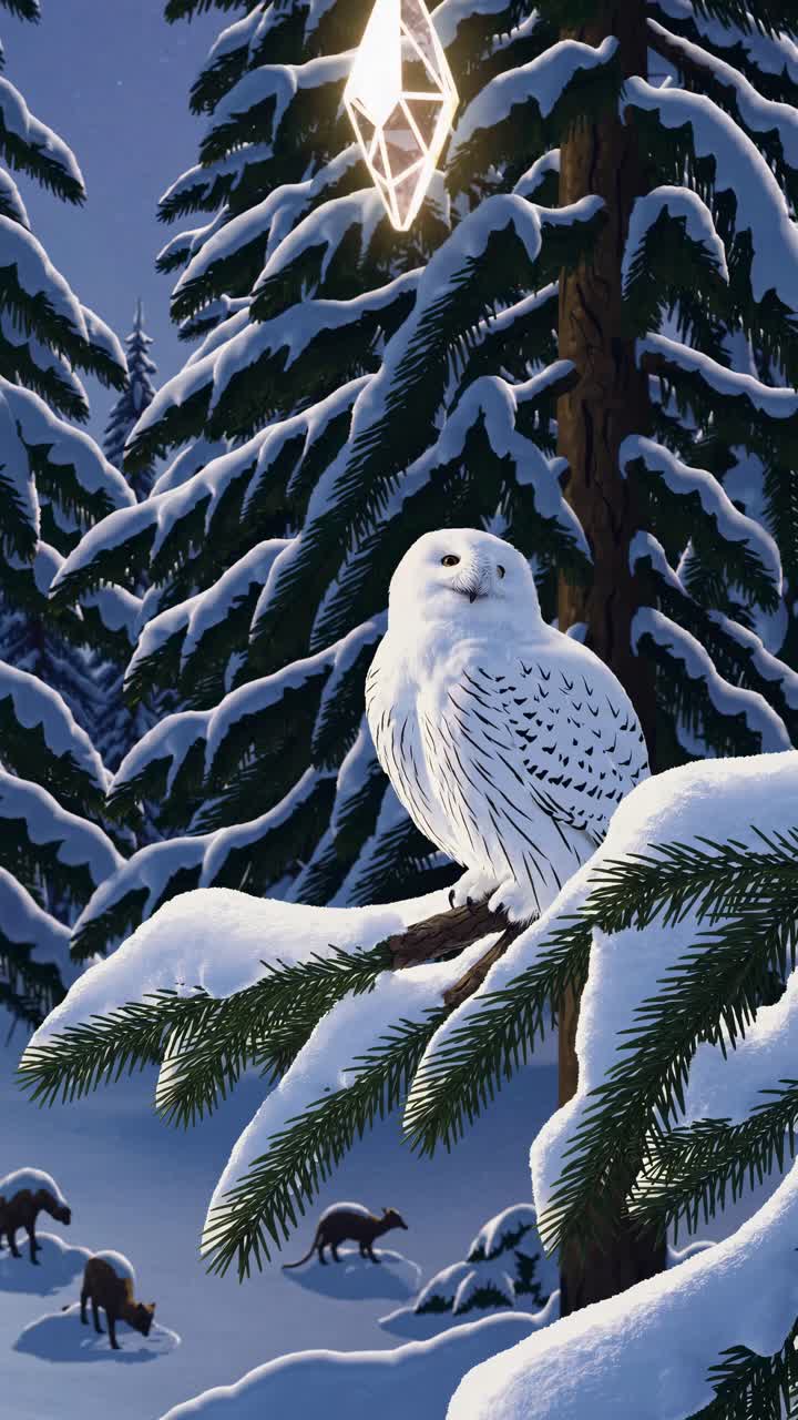 A snowy owl perched on a branch in a snowy forest, viewed from a low angle