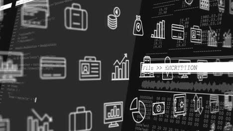 Animación-De-Múltiples-Símbolos-De-Moneda-Moviéndose-Sobre-El-Procesamiento-De-Datos-Sobre-Fondo-Negro