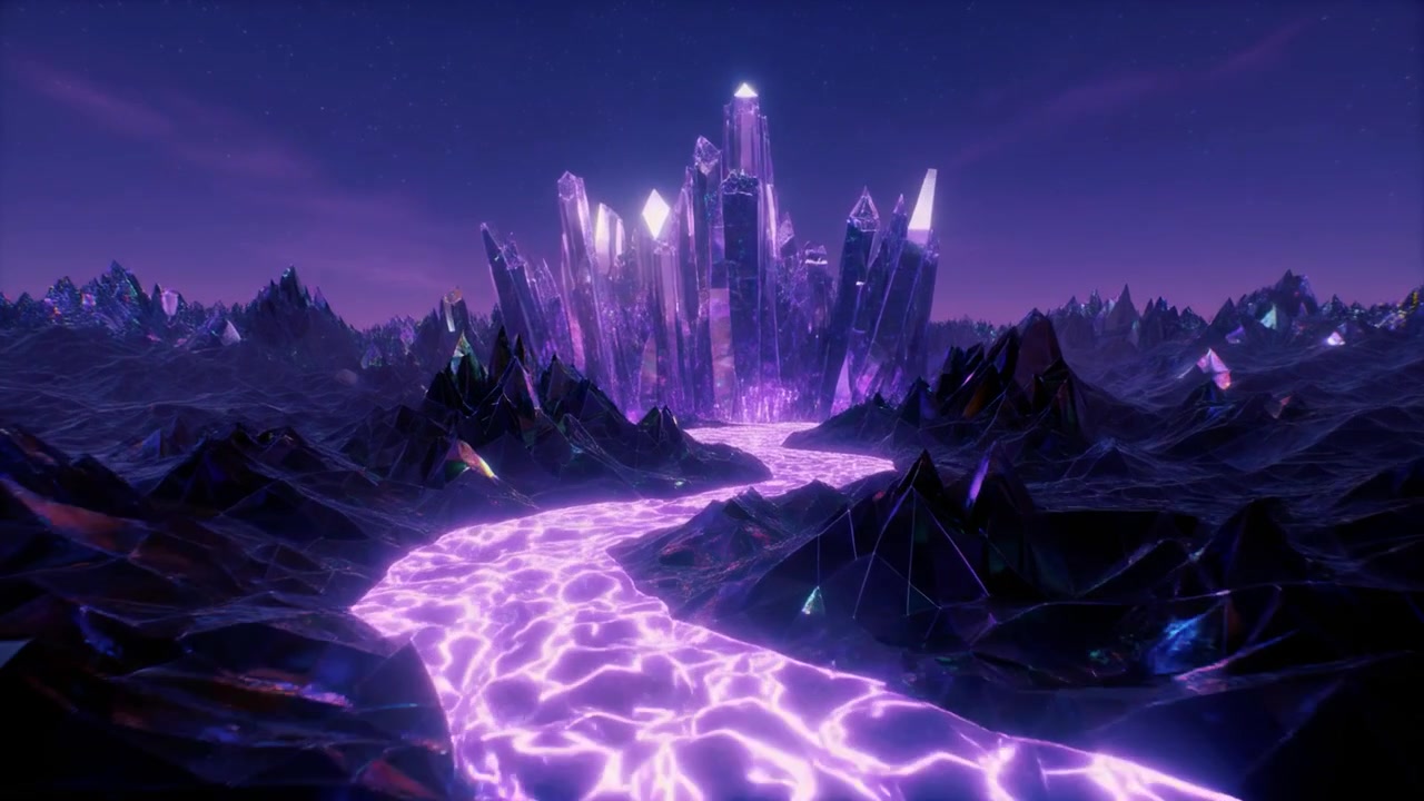 Glowing Purple Crystal Formation in Abstract Alien Landscape