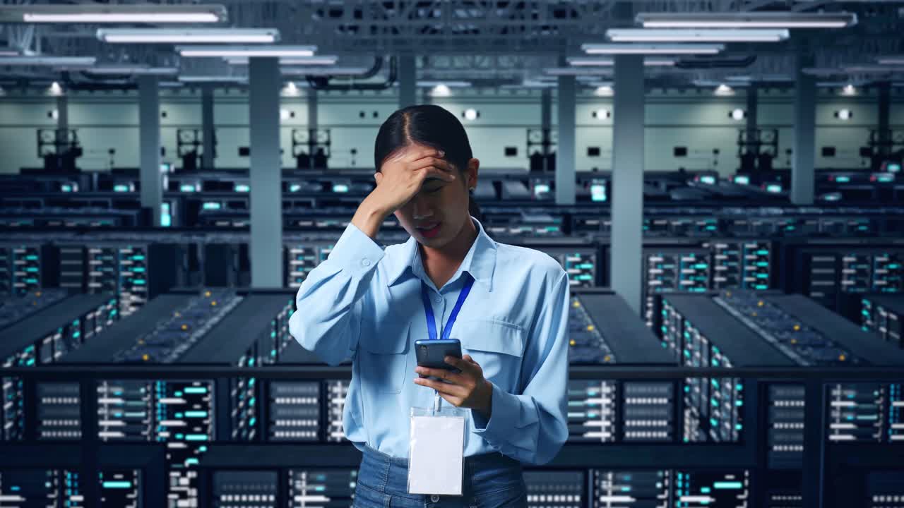 An Asian Business Woman Not Satisfied And Shakes Her Head While Using Mobile Phone In Data Center