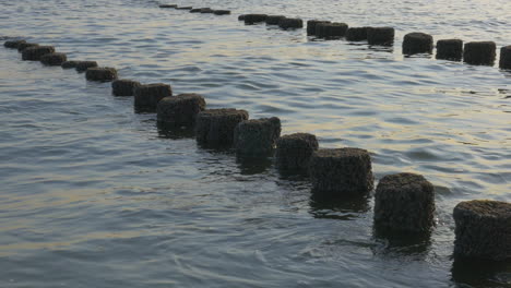 Bei-Hochwasser-überschwemmte-Holzbuhnen.-Sommervideo,-Nordseestrand