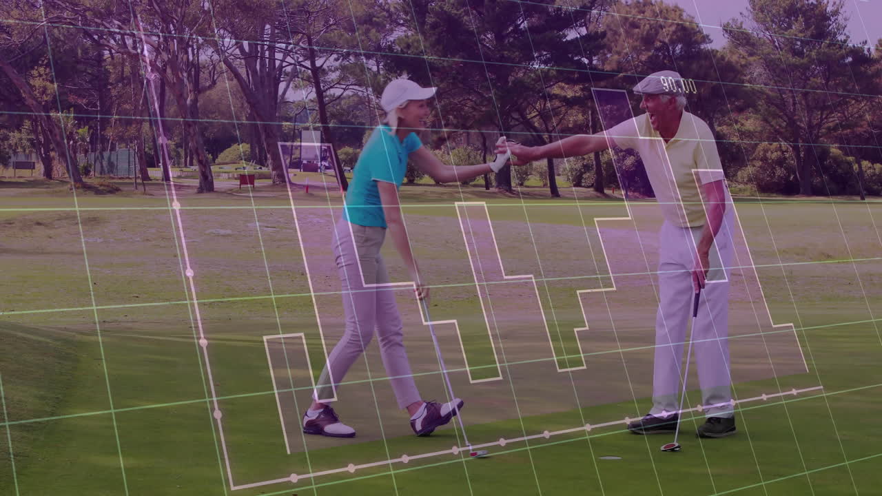 female golfer high-fiving senior male golfer on putting green, showing sports analytics overlay