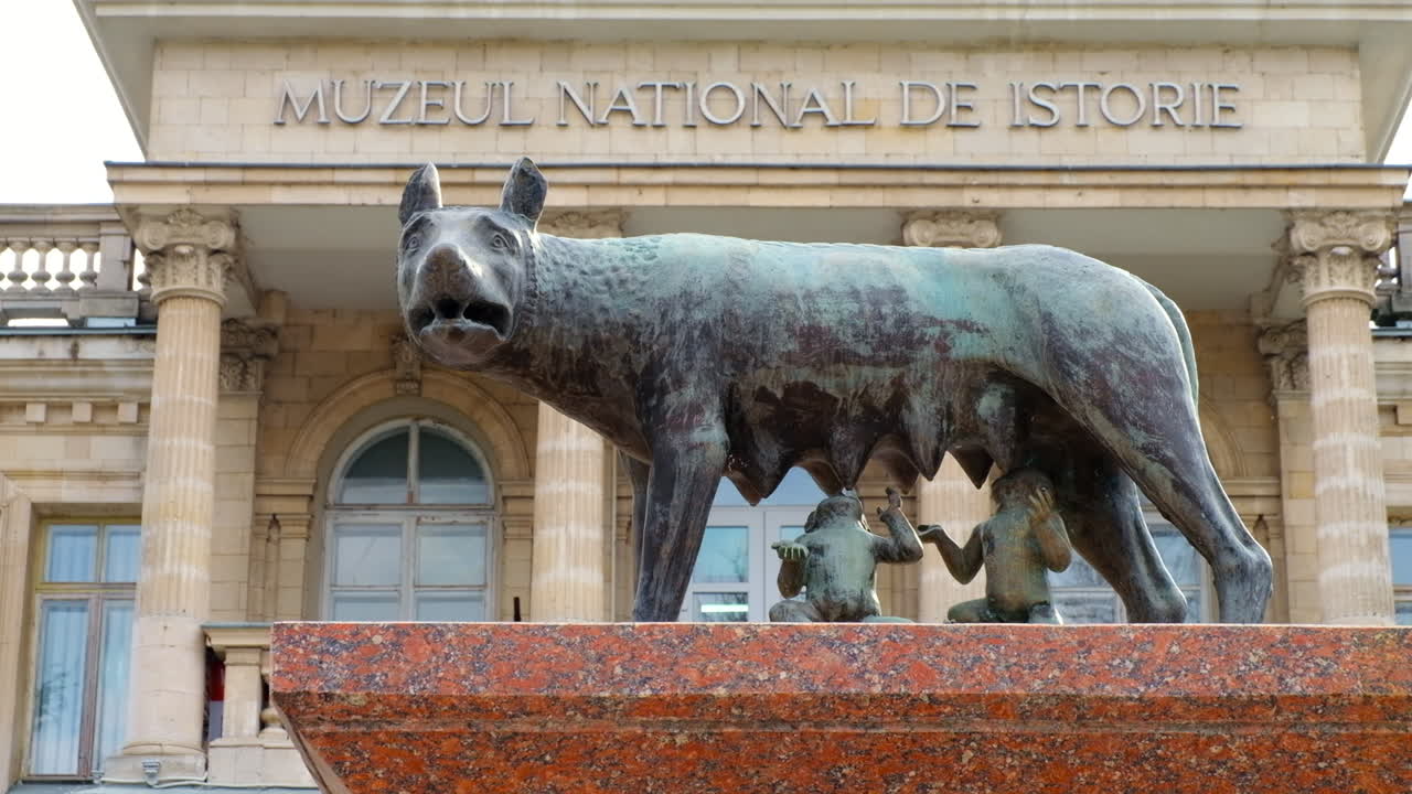 Chisinau, Moldova -April 17, 2021: Capitoline Wolf monument in front of the National History Museum of Moldova in the city centre