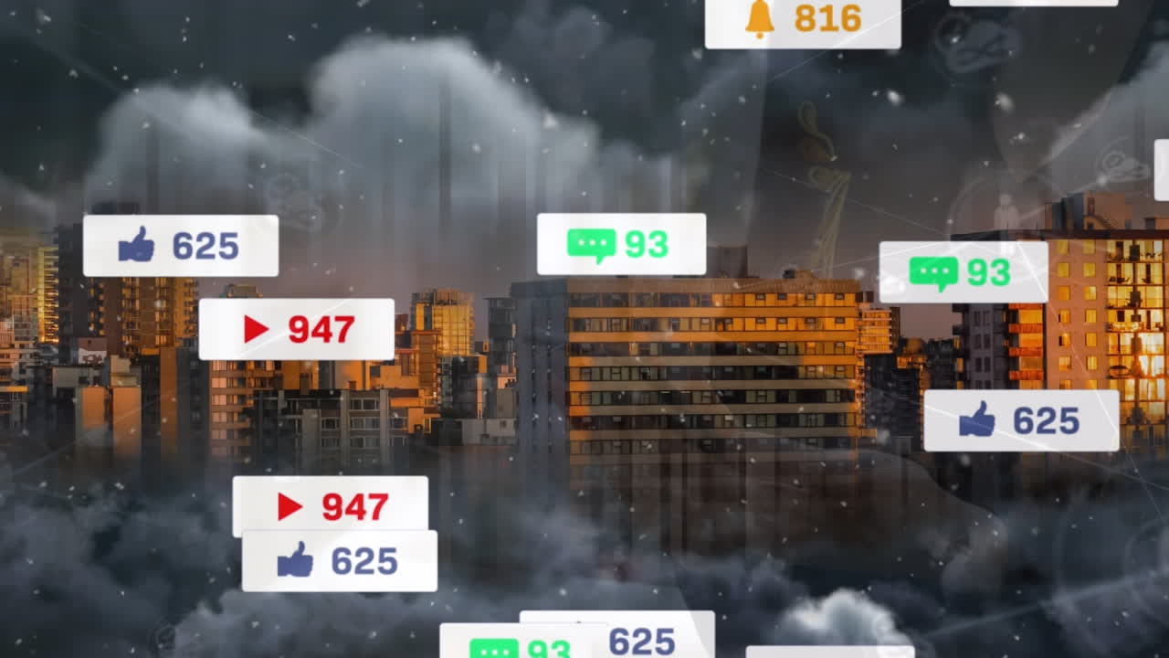 도시 풍경 위의 아이콘으로 연결된 네트워크의 애니메이션