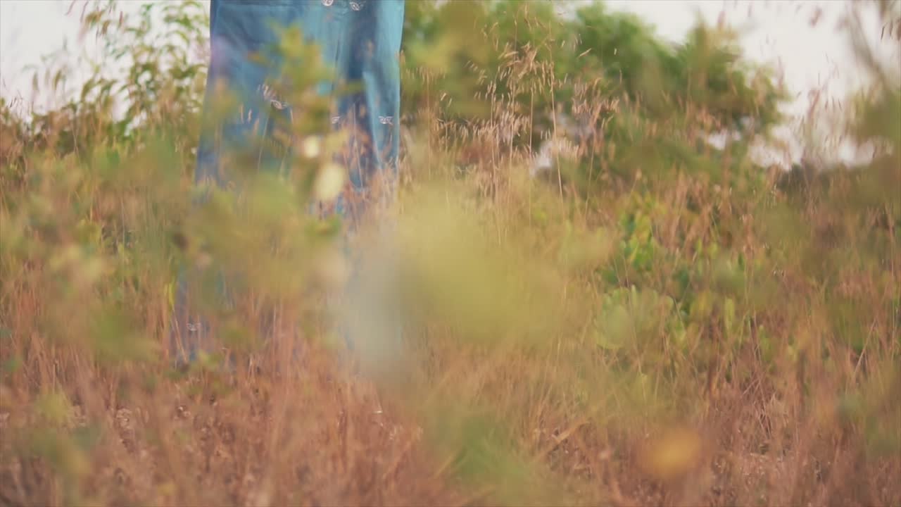 풀밭에 서 있는 파란 드레스를 입은 여성의 모습, 그라운드 레벨 샷, 아래로 위로 기울이기