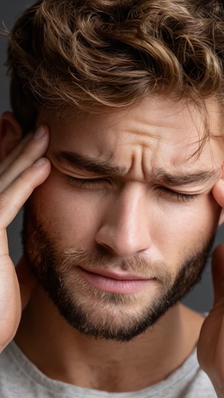 Un giovane uomo che esprime frustrazione e disagio, con una forte espressione emotiva e le mani sulle tempie, a simboleggiare stress o mal di testa