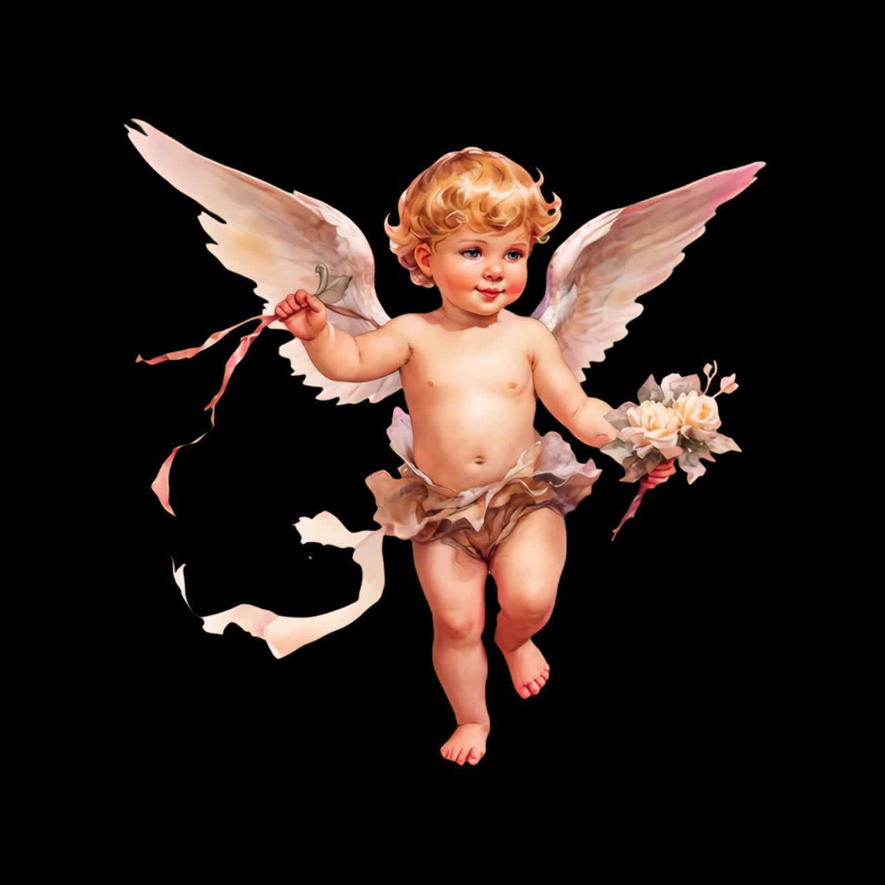 Cherubic angel holding delicate flowers animation isolated asset, transparent 4K video, alpha