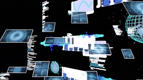 animación de escáneres redondos y procesamiento de datos contra un fondo negro