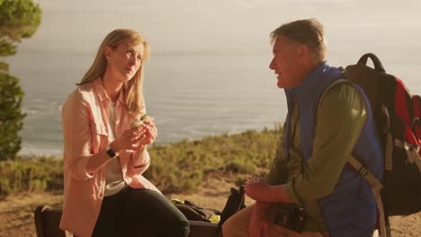 active senior couple eating and sitting on bench in forest