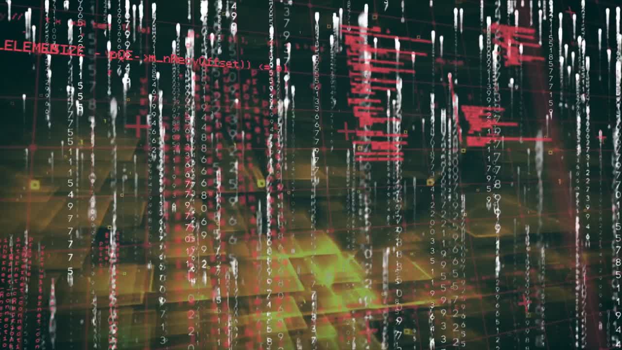 Digital animation of light trails falling against data processing on yellow background